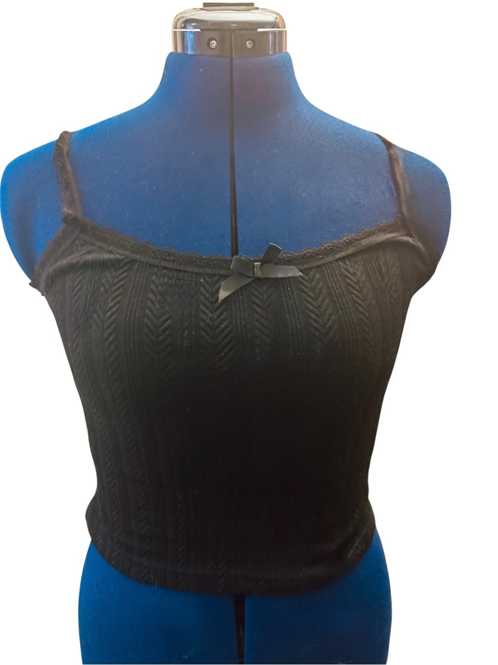 Black Knit Lace-Trim Cami with Bow